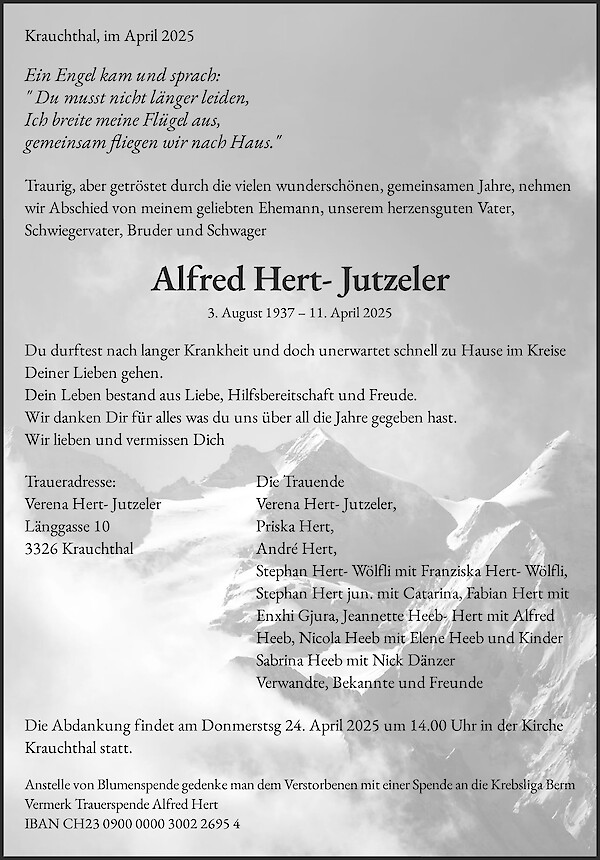 Todesanzeige von Alfred Hert- Jutzeler, Krauchthal