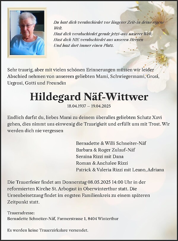 Todesanzeige von Hildegard N&auml;f-Wittwer