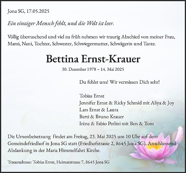 Todesanzeige von Bettina Ernst-Krauer