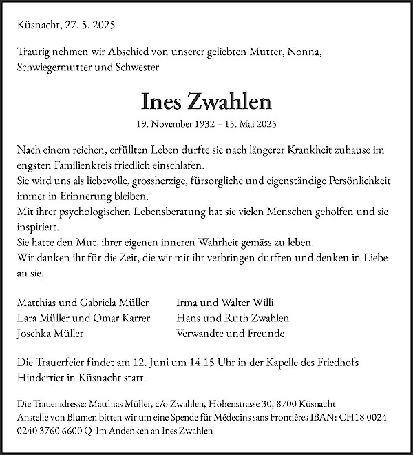 Todesanzeige von Ines Zwahlen, K&uuml;snacht