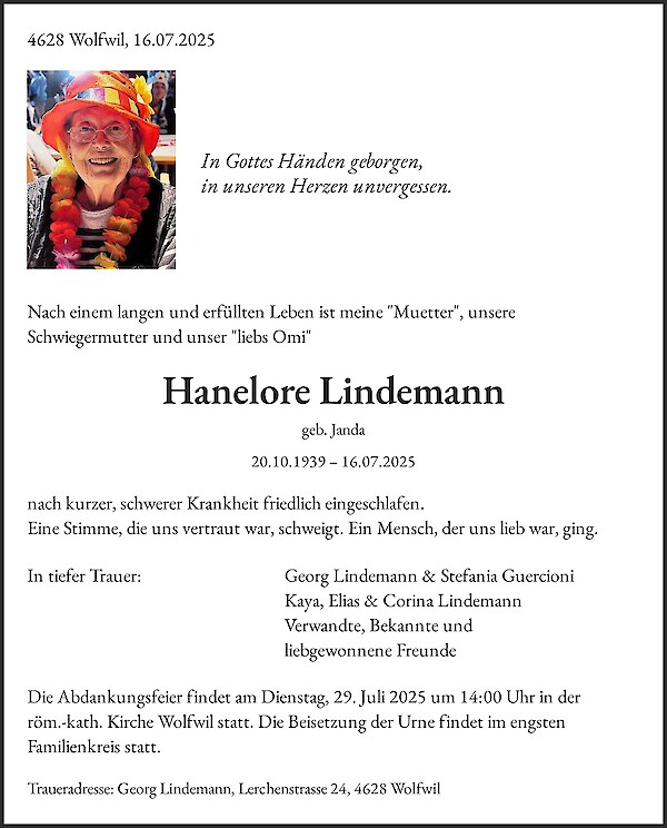 Todesanzeige von Hanelore Lindemann, Wolfwil