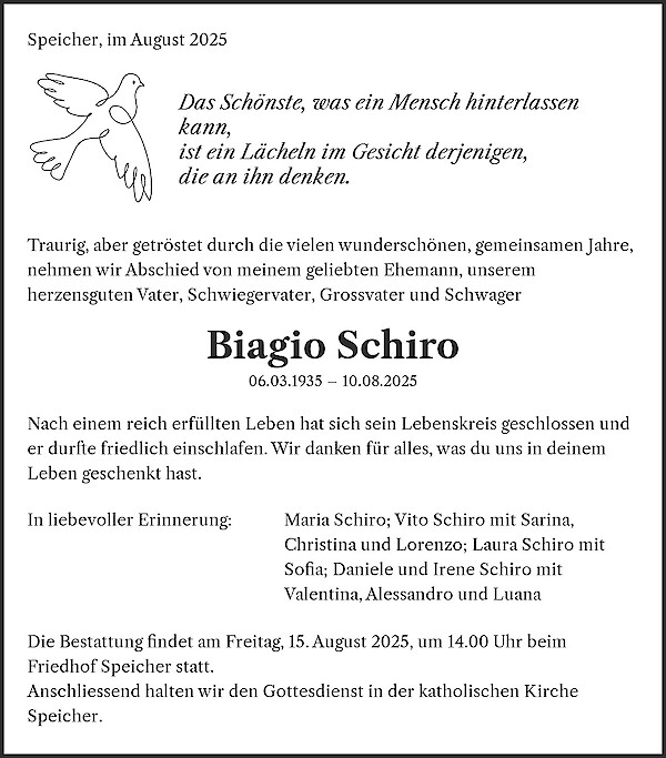 Todesanzeige von Biagio Schiro, Speicher