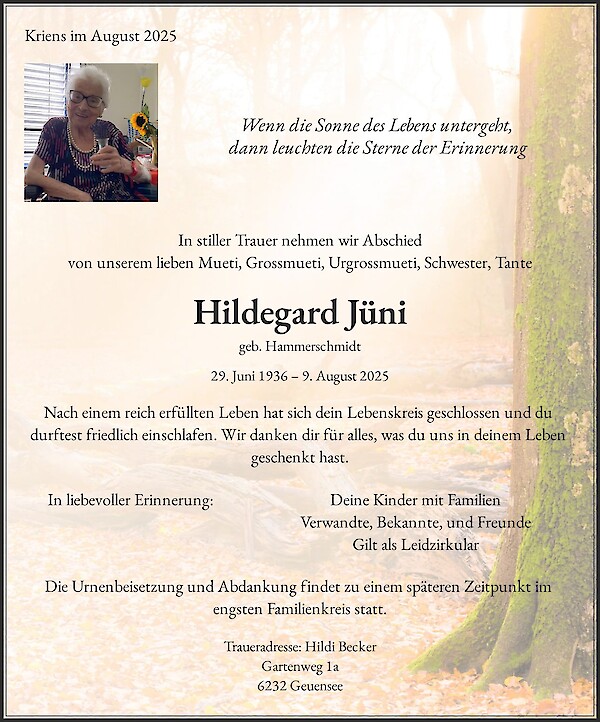 Todesanzeige von Hildegard J&uuml;ni, Kriens