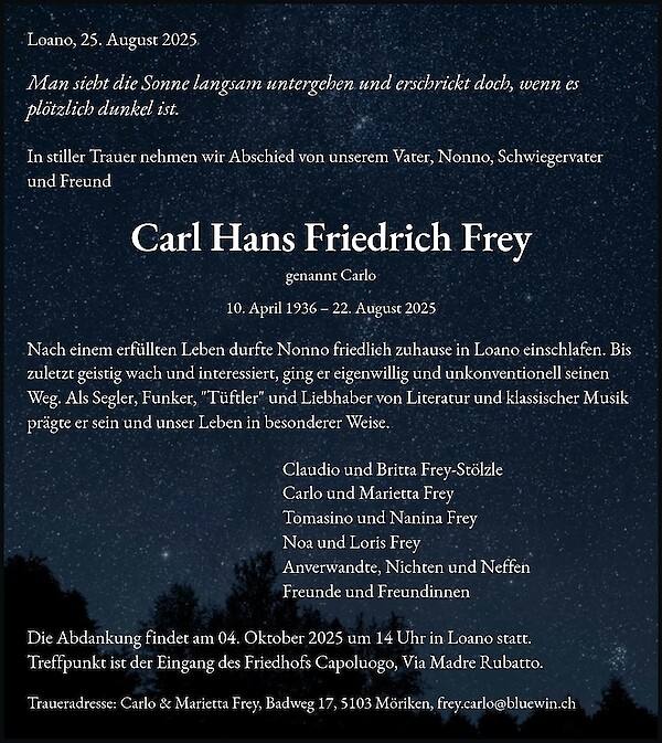 Todesanzeige von Carl Hans Friedrich Frey, Loano, Italien
