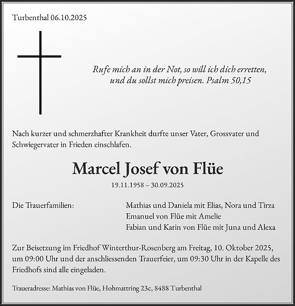 Todesanzeige von Marcel Josef von Fl&uuml;e