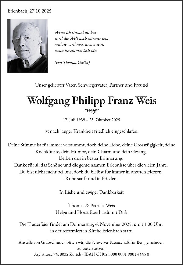 Todesanzeige von Wolfgang Philipp Franz Weis