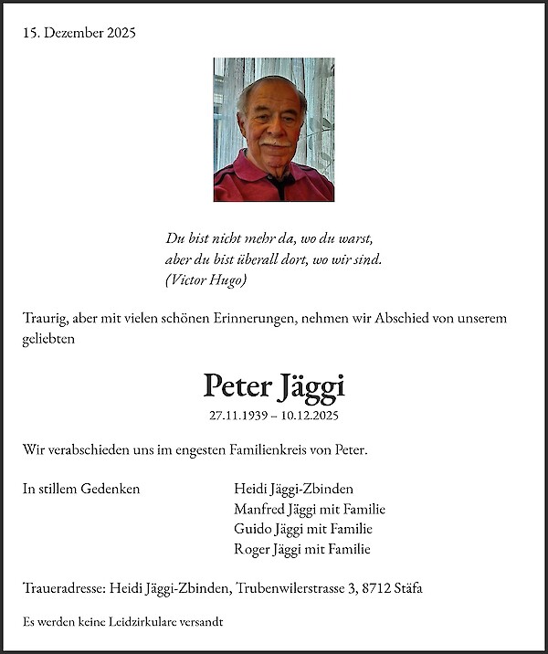 Todesanzeige von Peter J&auml;ggi