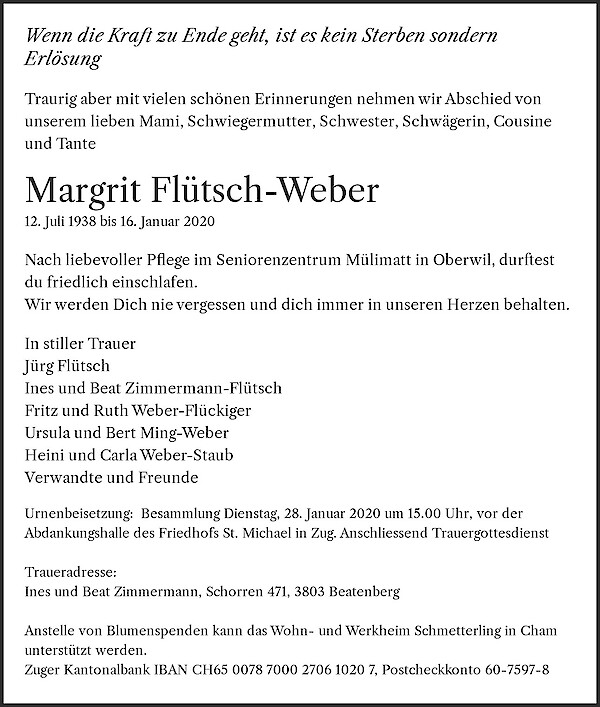 Todesanzeige von Margrit Fl&uuml;tsch-Weber, Oberwil bei Zug