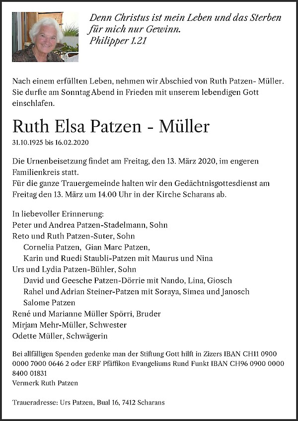 Todesanzeige von Ruth Elsa Patzen - M&uuml;ller, Pflege- und Altersheim Thusis