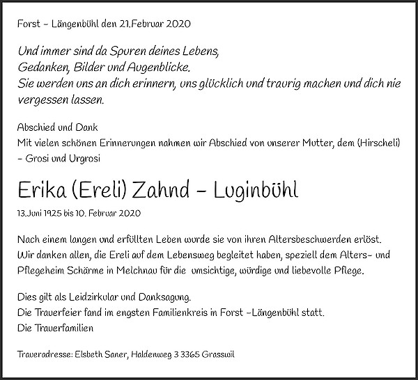 Todesanzeige von Erika (Ereli) Zahnd -  Luginb&uuml;hl, Melchnau