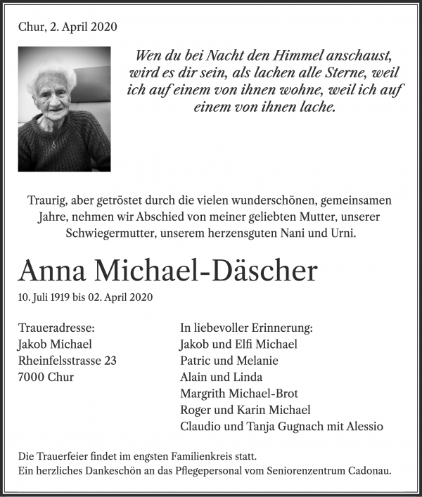 Todesanzeige von Anna Michael-D&auml;scher, Chur