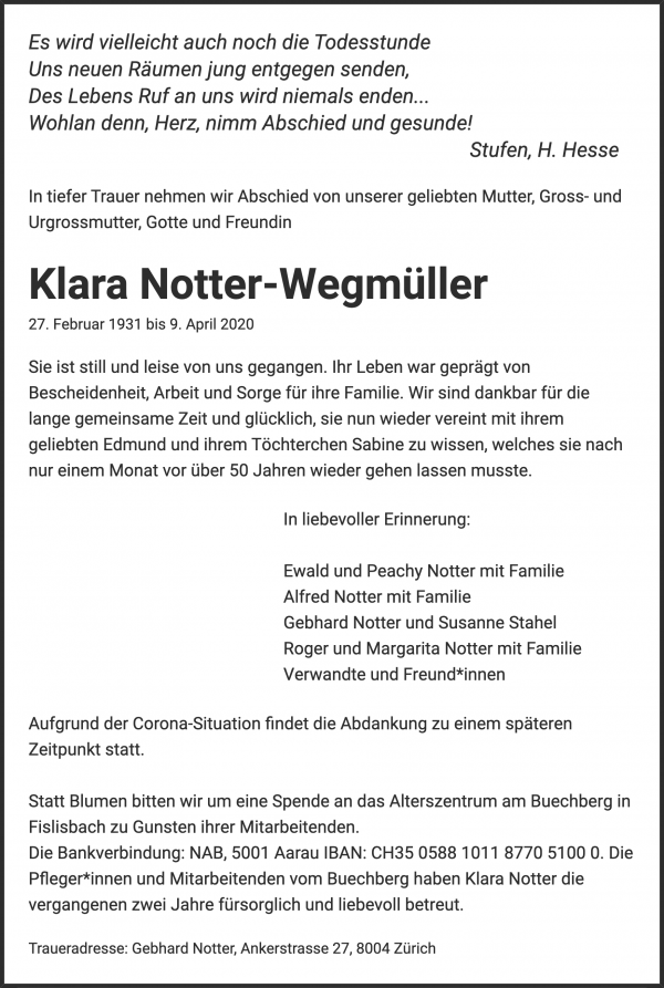 Todesanzeige von Klara Notter-Wegm&uuml;ller, Fislisbach