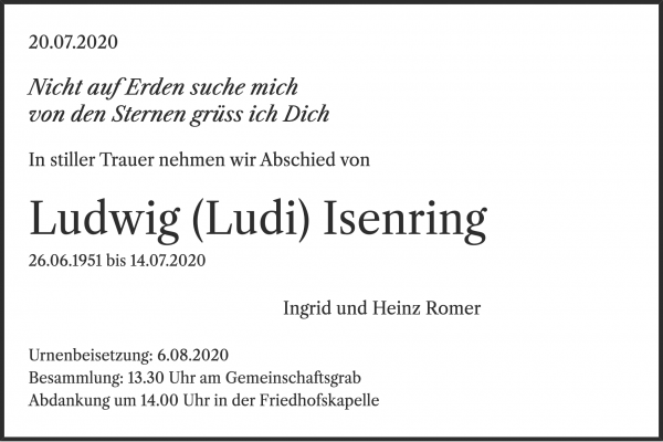 Todesanzeige von Ludwig (Ludi) Isenring, R&uuml;ti