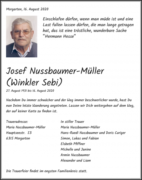 Todesanzeige von Josef Nussbaumer-M&uuml;ller (Winkler Sebi), Ober&auml;geri