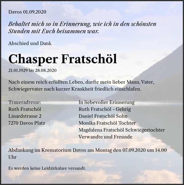 Todesanzeige von Chasper Fratsch&ouml;l, Davos Platz