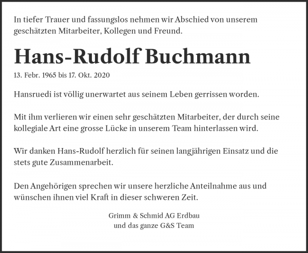 Todesanzeige von Hans-Rudolf Buchmann, R&uuml;ti