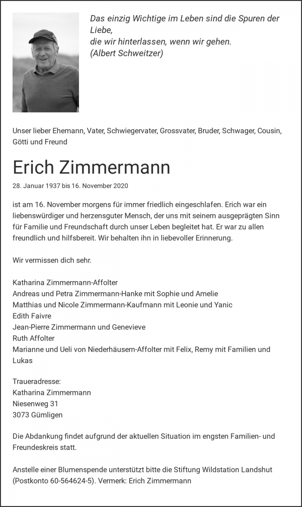 Todesanzeige von Erich Zimmermann, G&uuml;mligen