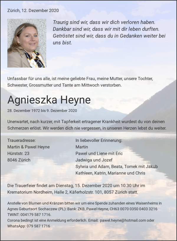 Todesanzeige von Agnieszka Heyne, Z&uuml;rich