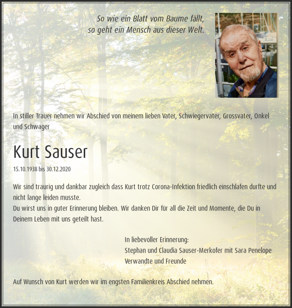 Todesanzeige von Kurt Sauser, K&ouml;lliken