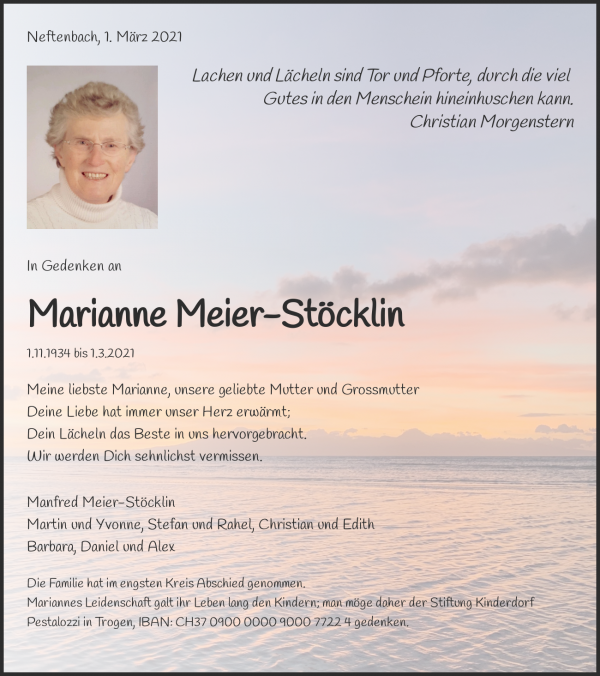 Todesanzeige von Marianne Meier-St&ouml;cklin, Neftenbach