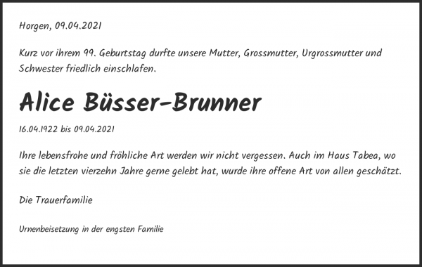 Todesanzeige von Alice B&uuml;sser-Brunner, Horgen
