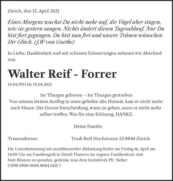 Todesanzeige von Walter Reif - Forrer, Z&uuml;rich