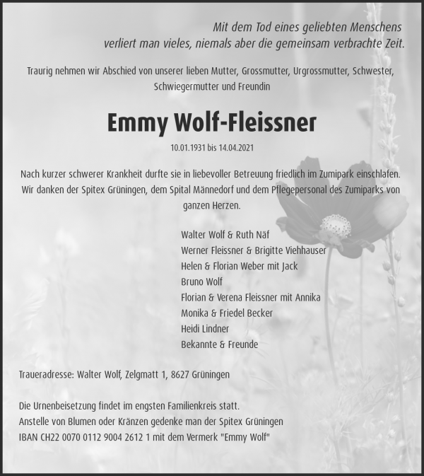Todesanzeige von Emmy Wolf-Fleissner, Gr&uuml;ningen