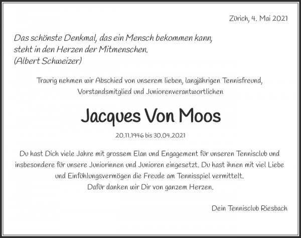 Todesanzeige von Jacques Von Moos, Z&uuml;rich
