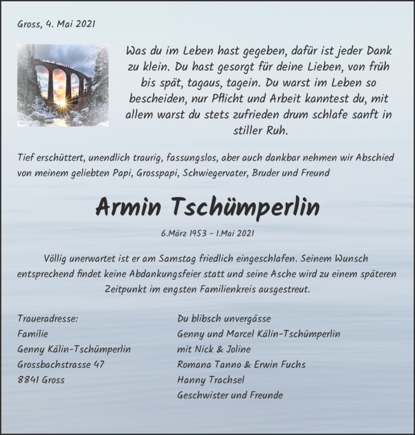 Todesanzeige von Armin Tsch&uuml;mperlin, Wilen