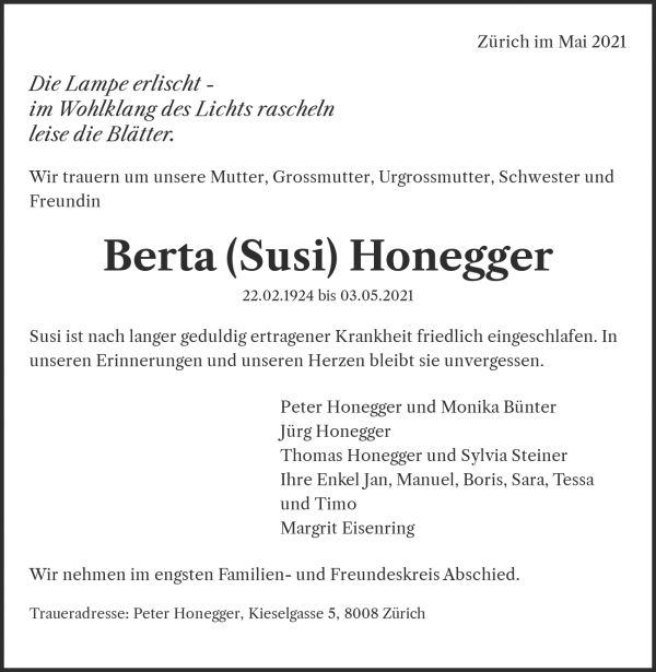Todesanzeige von Berta (Susi) Honegger, Z&uuml;rich