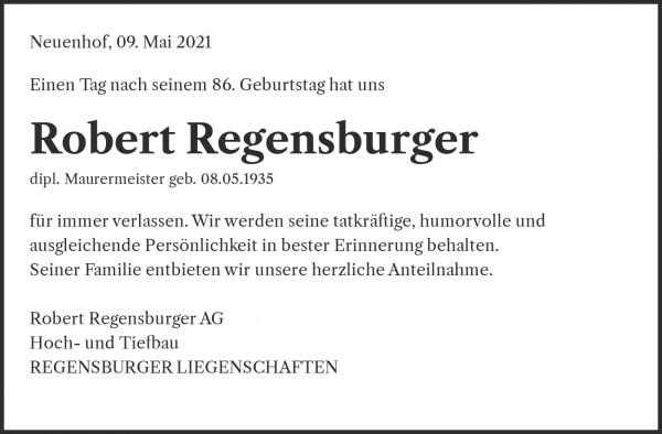 Todesanzeige von Robert Regensburger, W&uuml;renlos