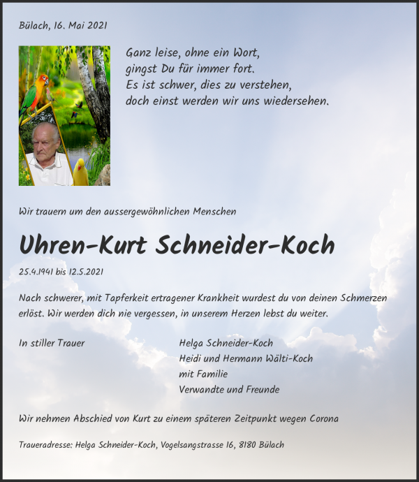 Todesanzeige von Uhren-Kurt Schneider-Koch, B&uuml;lach