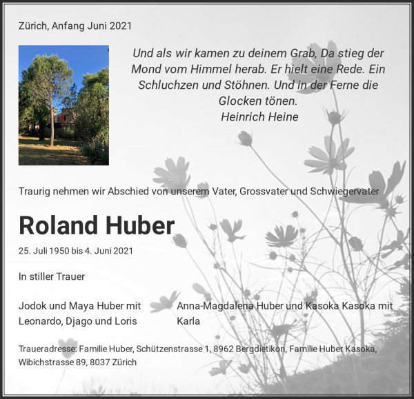 Todesanzeige von Roland Huber, F&uuml;rstenaubruck