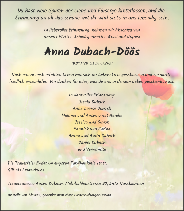 Todesanzeige von Anna Dubach-D&ouml;&ouml;s, Luzern