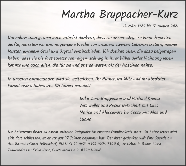 Todesanzeige von Martha Bruppacher-Kurz, D&uuml;bendorf