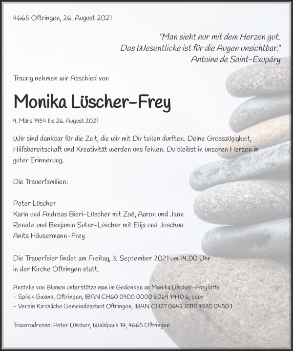 Todesanzeige von Monika L&uuml;scher-Frey, Oftringen