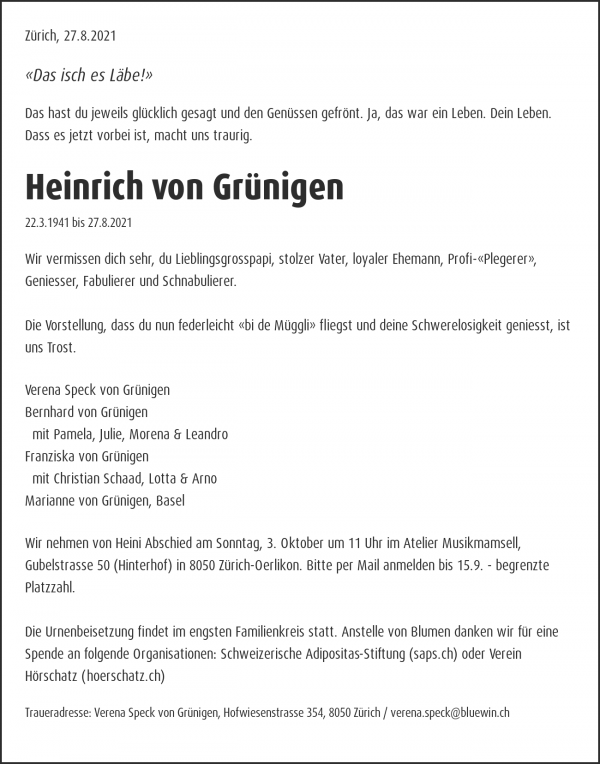 Todesanzeige von Heinrich von Gr&uuml;nigen, Z&uuml;rich