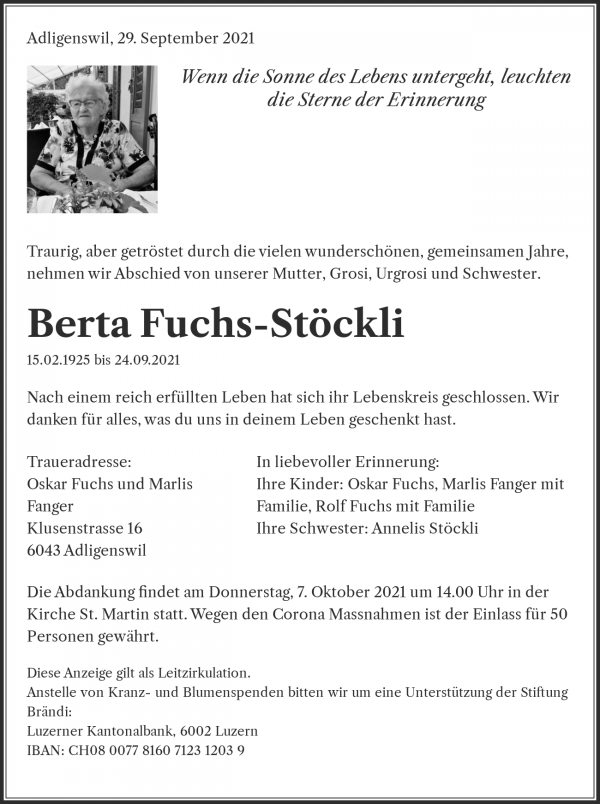 Todesanzeige von Berta Fuchs-St&ouml;ckli, Adligenswil