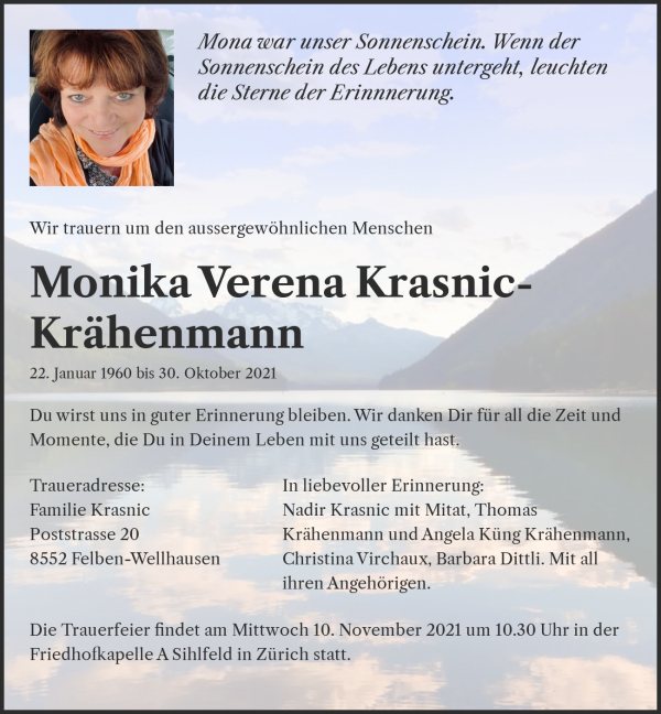 Todesanzeige von Monika Verena Krasnic-Kr&auml;henmann, Felben-Wellhausen