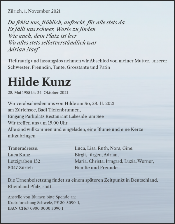 Todesanzeige von Hilde Kunz, Z&uuml;rich