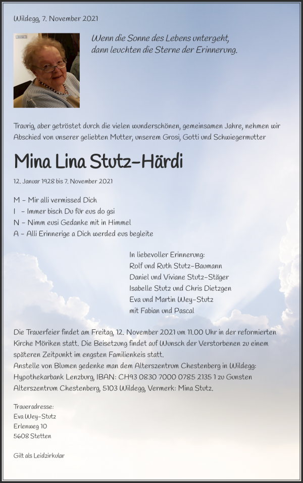 Todesanzeige von Mina Lina Stutz-H&auml;rdi, Wildegg