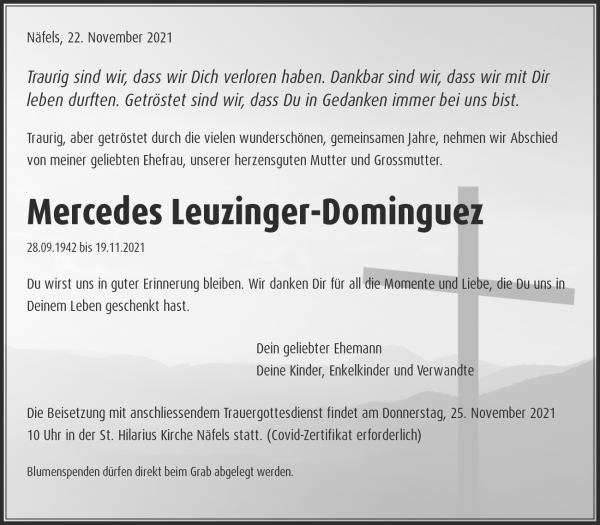 Todesanzeige von Mercedes Leuzinger-Dominguez, N&auml;fels