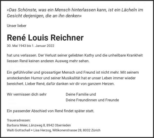 Todesanzeige von Ren&eacute; Louis Reichner, Zollikerberg