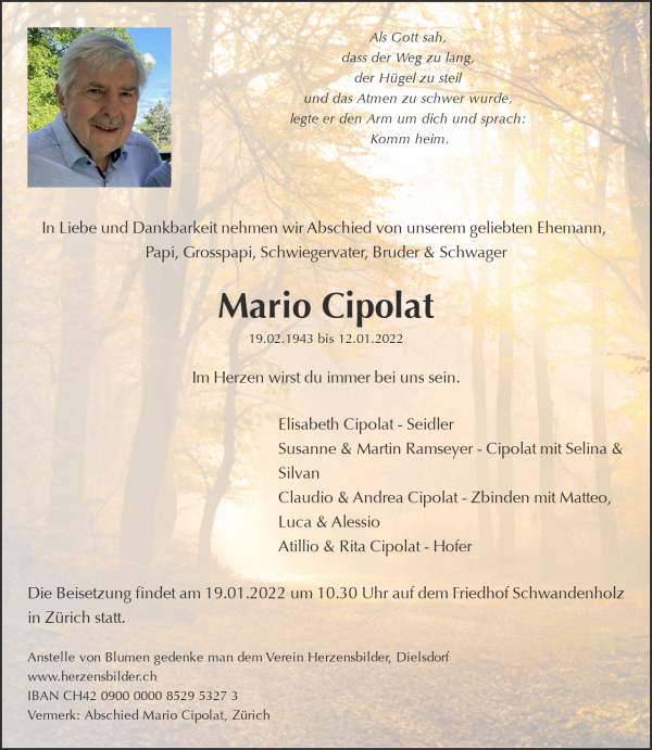 Todesanzeige von Mario Cipolat, Z&uuml;rich