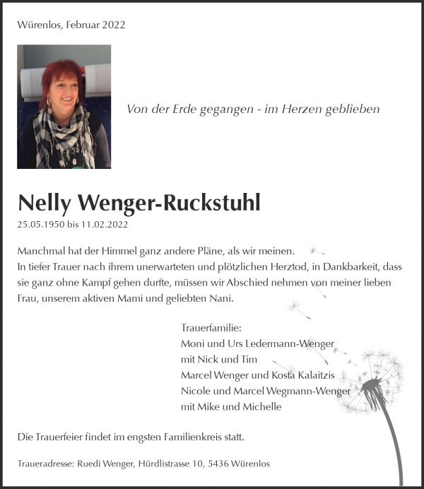 Todesanzeige von Nelly Wenger-Ruckstuhl, W&uuml;renlos