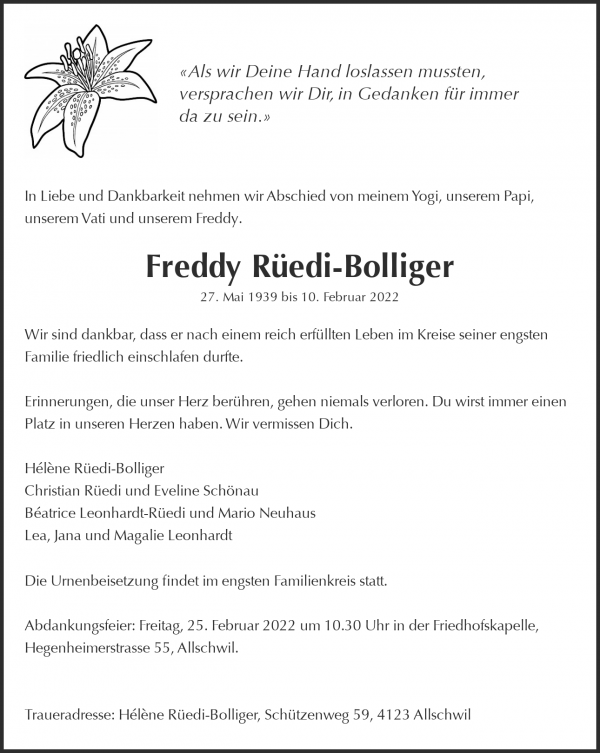 Todesanzeige von Freddy R&uuml;edi-Bolliger, Allschwil