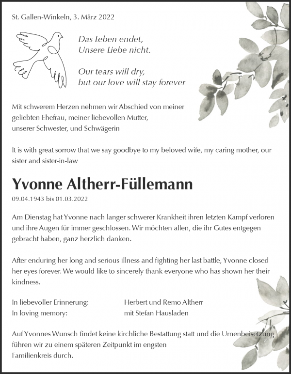 Todesanzeige von Yvonne Altherr-F&uuml;llemann, St. Gallen