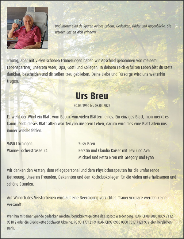 Todesanzeige von Urs Breu, L&uuml;chingen