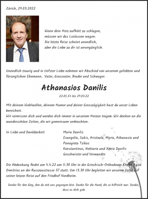 Todesanzeige von Athanasios Danilis, Z&uuml;rich
