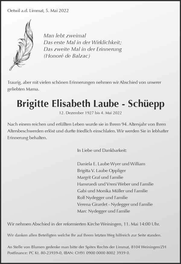Todesanzeige von Brigitte Elisabeth Laube - Sch&uuml;epp, Oetwil a. d. Limmat